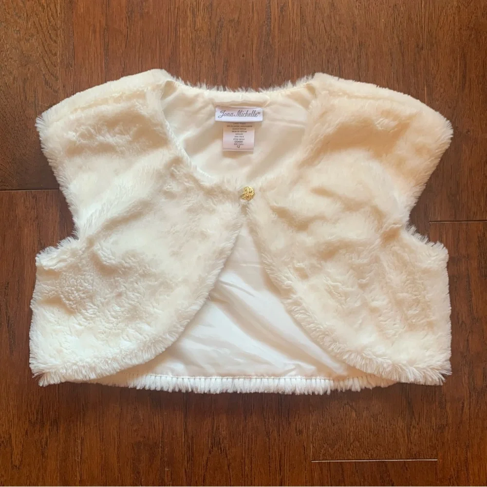 Girls White Faux Fur Bolero Jacket Gold Button Cropped Size 12